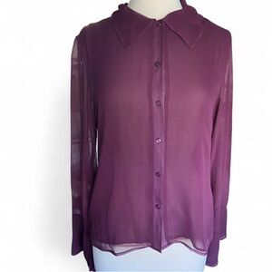 Willi Smith 100% Silk Purple Button Down Sheer Collared Blouse Size 8